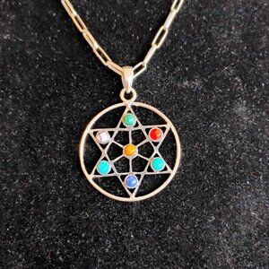 Unique 7 Chakras Gemstone Pendant Necklace Sterling Silver Star of David 17"